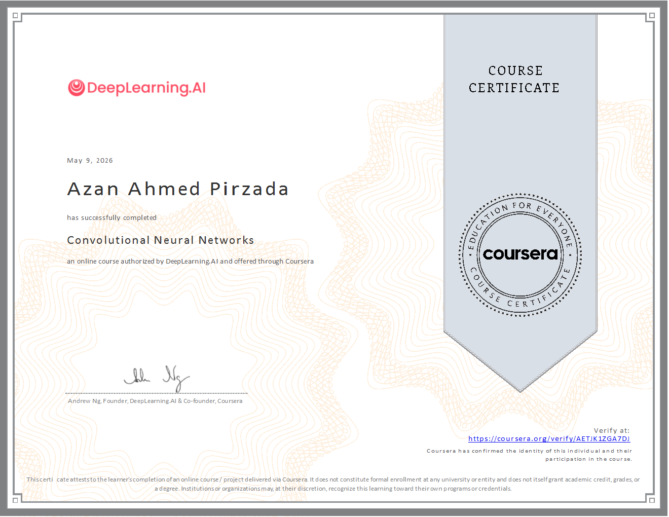 Deep Learning Specialization Course 4 Certificate